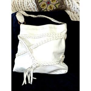 GOLDENBLEU LARGE BOHO WHITE LEATHER BAG BRAIDED TRIM & TASSEL USED 1X